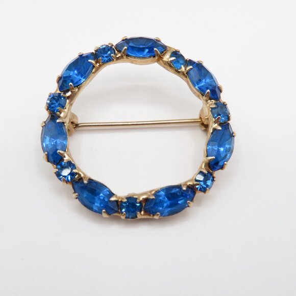 Vintage Blue Round Navette Rhinestones Gold Tone Circle Brooch - Picture 4 of 6
